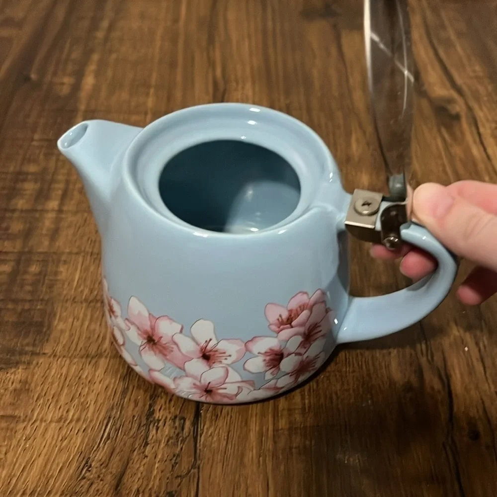 Alfred Ceramic and Stainless Steel Teapot 20 oz Blue Pink Floral Cherry Blossom - Picture 6 of 10